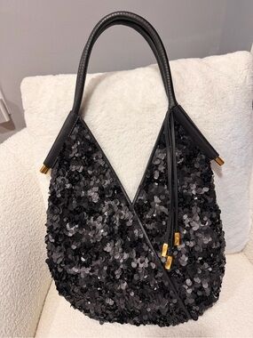 Donna Karan Black Sequin Hobo Bag with Gold Accents